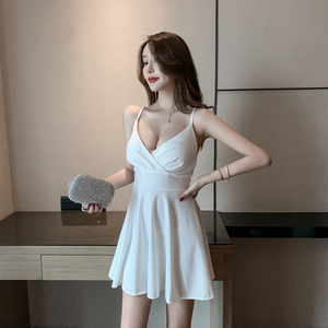 Sexy low chest deep V suspender dress