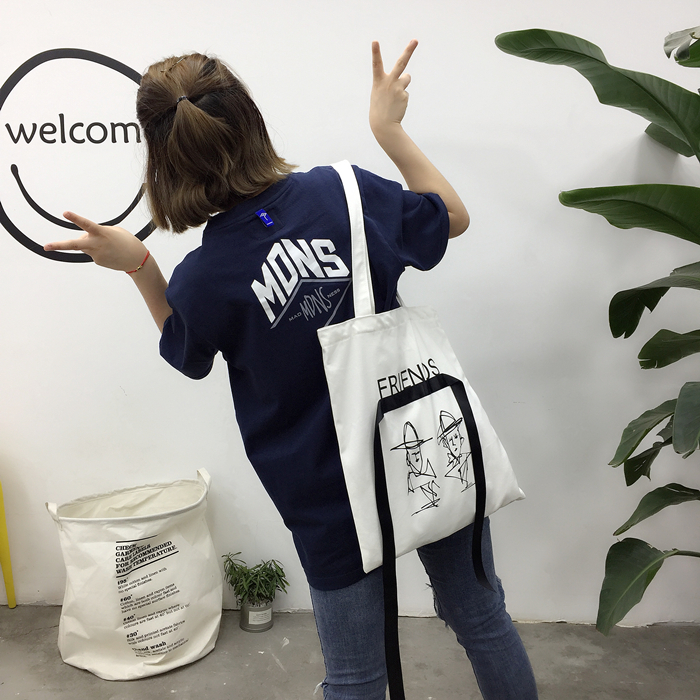 香奈兒手提包如何打開 韓國原宿chic百搭卡通塗鴉帆佈單肩包學生大手提包絲帶打結購物袋 香奈兒手提袋包