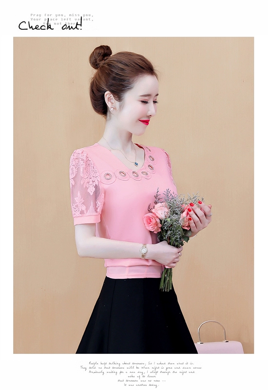 Phụ nữ mùa hè năm 2021 áo sơ mi voan ren mới ngắn tay áo phông của phụ nữ tất cả các trận đấu che bụng áo sơ mi nhỏ là mỏng phong cách nước ngoài hàng đầu - Áo sơ mi chiffon ren