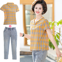 Mother summer clothing cotton linen lattice short sleeve T-shirt blouse 40-year-old 50 middle-aged woman foreign air two sets of middle-aged suit