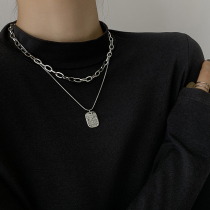 2020 new double-layer stacked necklace female letter square brand pendant sweater chain male neck chain hip hop tide Net Red