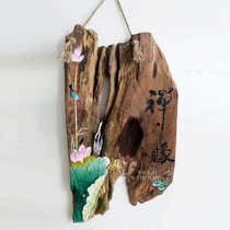 Zen handmade lotus painting old boat wood classic retro nostalgic wall decoration painting living room hotel restaurant decoration