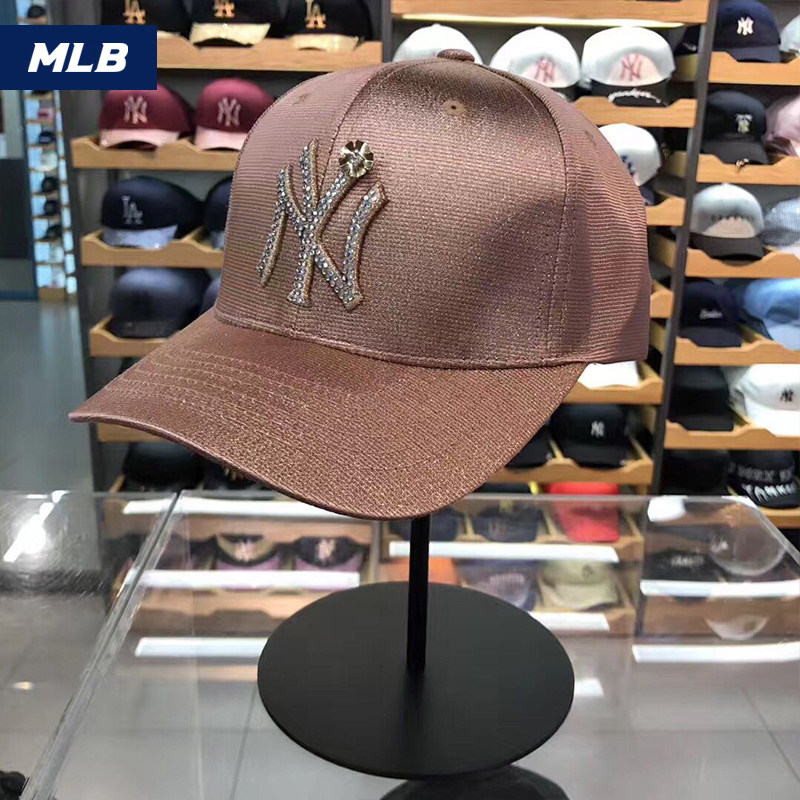 韩国正品mlb专柜17新款棒球帽镶钻女粉色鸭舌帽春秋ny洋基队帽子_7折