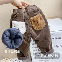 Little boy winter cotton pants three-layer cotton casual pants female baby slim corduroy thick pants girl