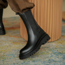 Cat master homemade thick-soled Martin boots female smoke tube boots leather middle tube English style summer thin mona same short boots