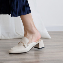 Cat Ye homemade 2021 New Retro Middle heel half slippers leather wear Muller shoes metal buckle lazy woman