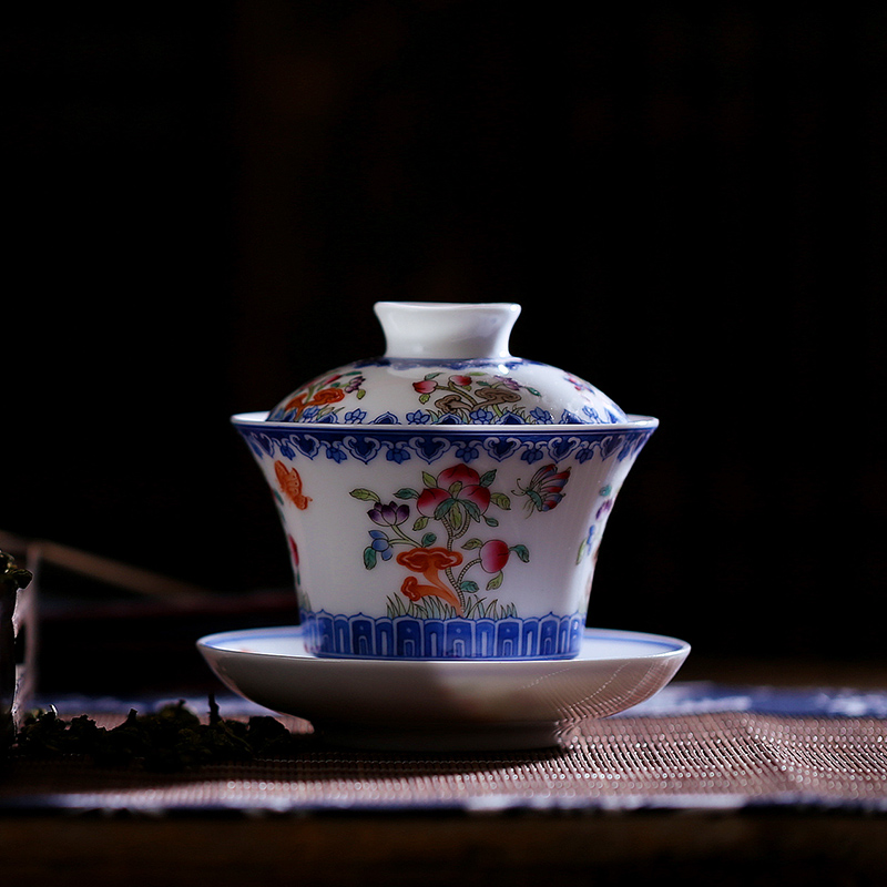 Hong xin tureen large ceramic tea set tea cups jingdezhen hand - made pastel three of the bowl bowl