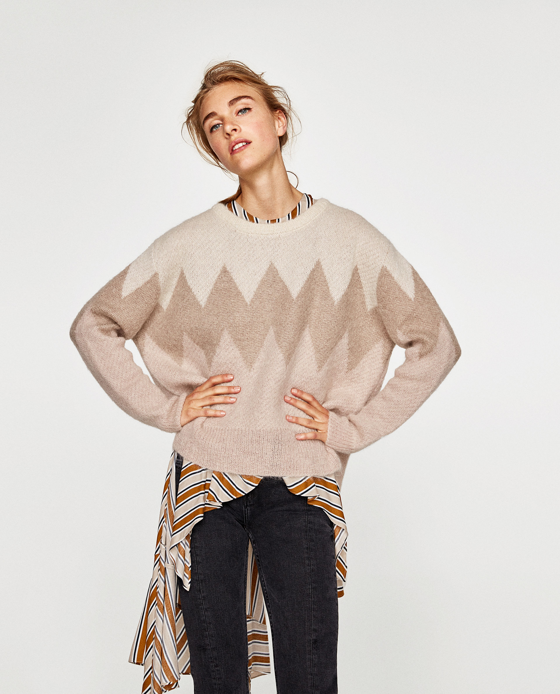 西班牙单 秋季女装拼色套头提花马海毛驼色针织衫女毛衣 5507/113_7折