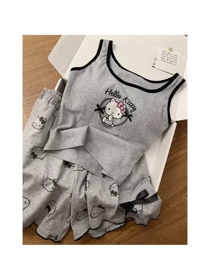 Katie Ins 스타일의 여름 잠옷 여성의 귀여운 Hellokitty Vest Shorts 홈 캐주얼 세트 Katie Ins 스타일의 여름 잠옷 여성의 귀여운 Hellokitty Vest Shorts 홈 캐주얼 세트