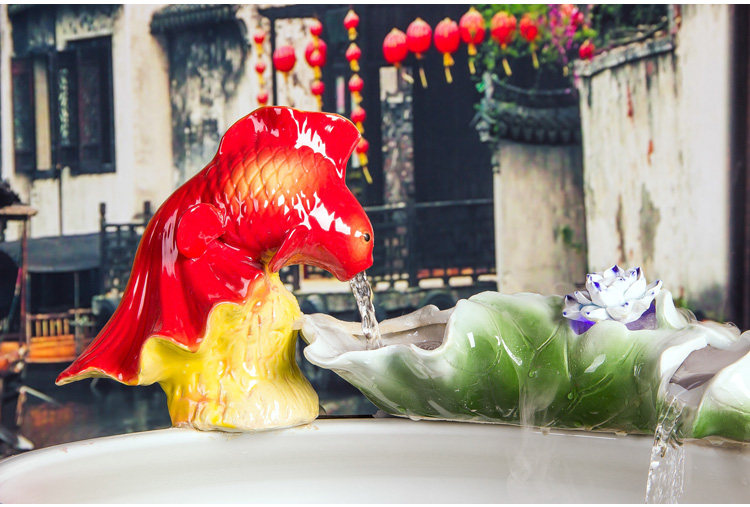 包邮景德镇陶瓷鱼缸大号金鱼缸喷泉喷水加氧过滤雾化养鱼盆榆木架