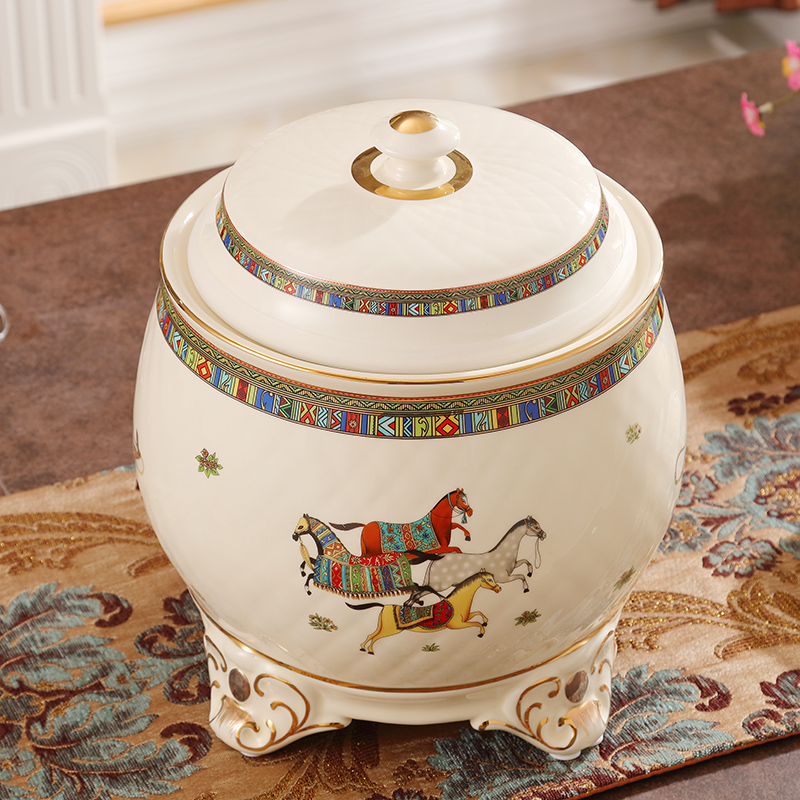 European ceramic barrel covered ricer box store meter box moistureproof insect oil cylinder storage tank capacity 10 jins 20 jins kitchen supplies