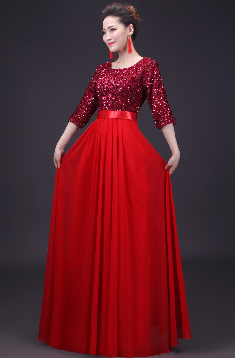 新款合唱服长裙大合唱演出服装中老年合唱团男女成人亮片指挥礼服