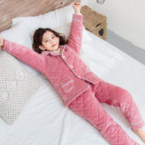 Girls flannel pajamas set Winter thickened Korean childrens three-layer cotton pajamas boys coral velvet home clothing