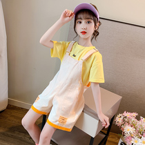 Girl Back Belt Pants Suit Summer Dress Ocean Gas Mesh Red Child Thin girl Summer Korean version Summer short sleeves Two sets