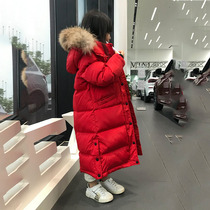 Childrens thick long down jacket boys and girls really big hair collar thick winter coat hooded over the knee white duck down