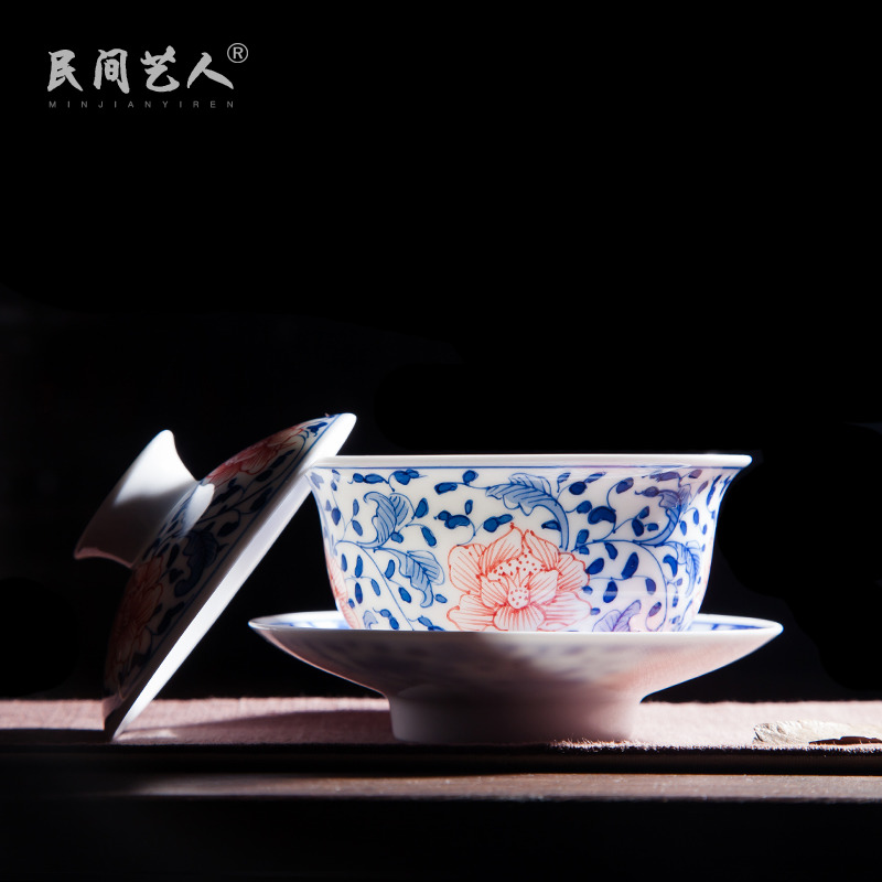 Jingdezhen ceramic hand - made porcelain youligong red peony tureen manual worship tureen tea bowl three cups to use