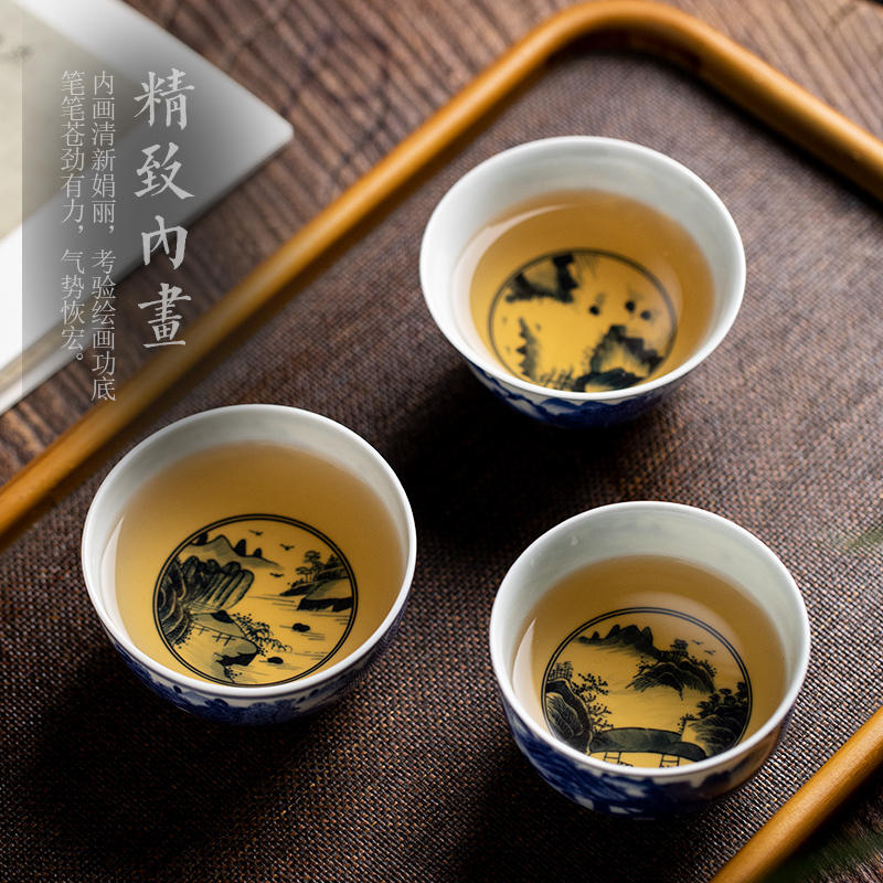 Kangxi landscape master cup of jingdezhen ceramic hand - made sample tea cup all hand kung fu tea set small bowl tea cups