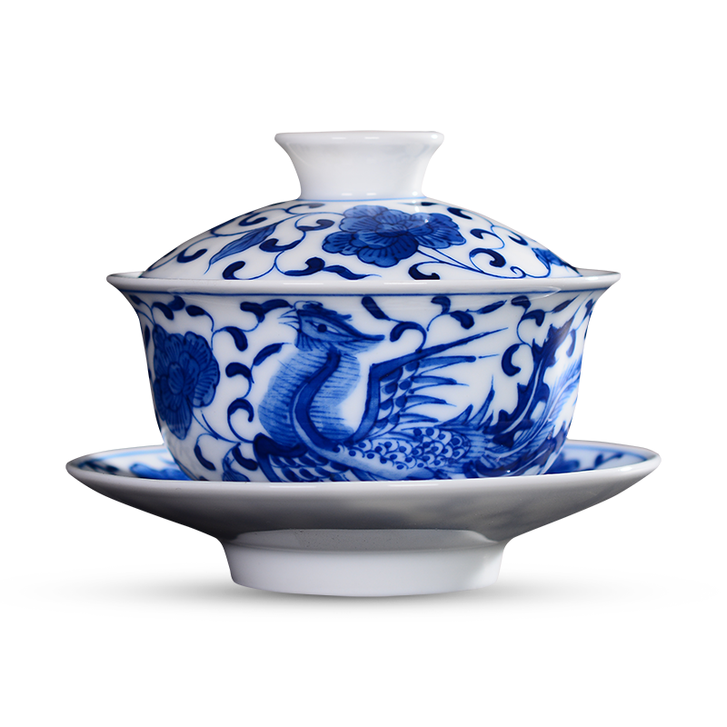 Ceramic tureen tea cup three to use hand draw phoenix jingdezhen blue and white kung fu tea set high white porcelain bowl