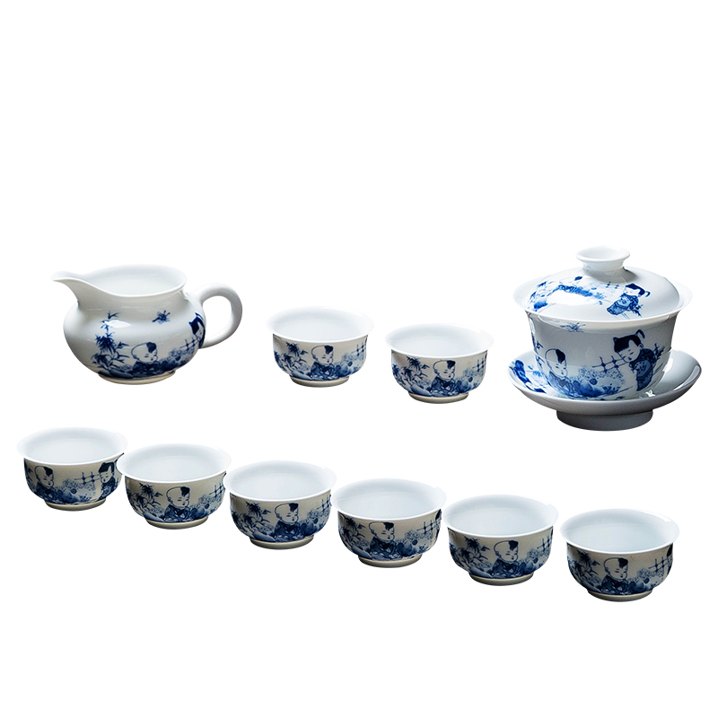 Folk artists checking applique baby play figure blue and white porcelain tea sets of jingdezhen ceramic home sitting room of a complete set of CPU