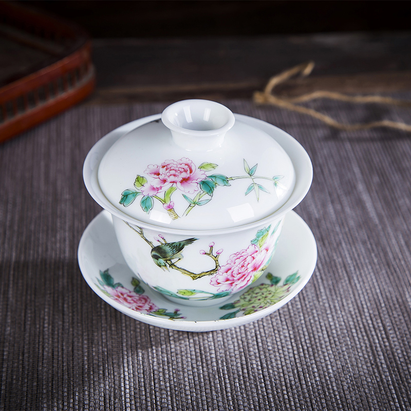 Jingdezhen ceramic hand - made pastel tureen kung fu tea set three cups to use hand catch bowl of tea to tea cups