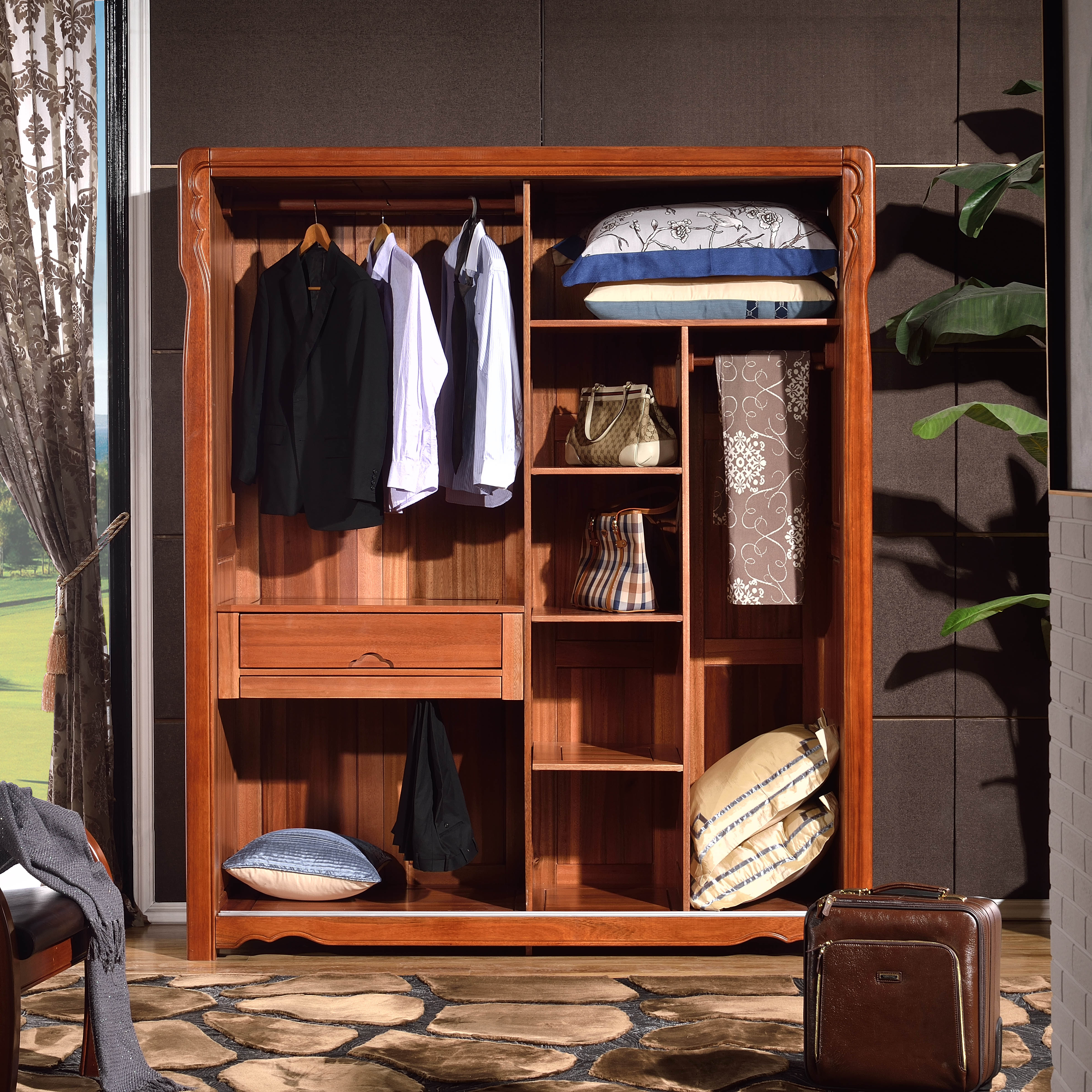 济南信和家具纯实木四门衣柜金丝木衣柜 特价清仓实木衣柜山东【】- 