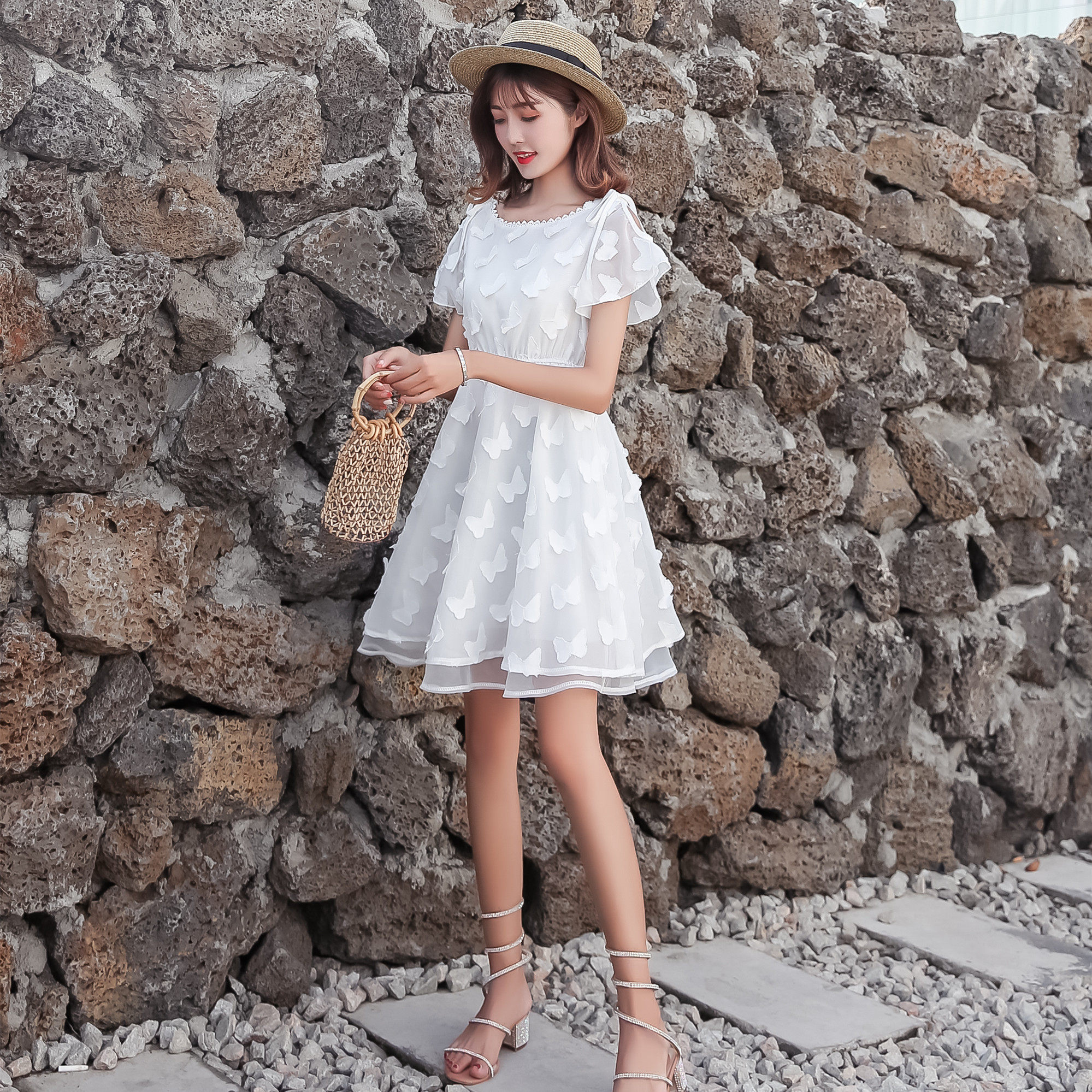 仙女裙chic温柔超仙网纱少女仙气露肩一字肩很仙的连衣裙女夏学生