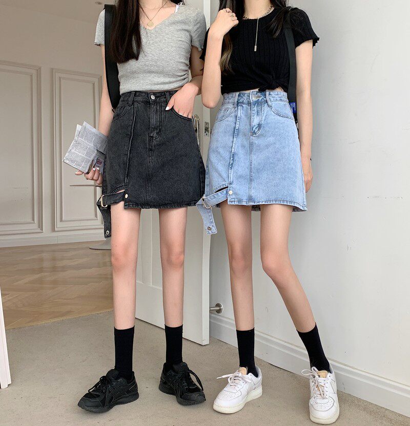 实拍实价设计感牛仔半身裙女团bm风显瘦a字高腰包臀短裙子