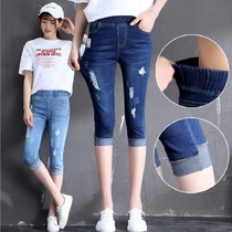 Summer wear thin high waist 7-point pants breeches plus size fat mm slim stretch denim Capri pants small foot pants women