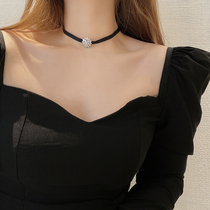 Super flash zircon flower neck chain 2021 New cold wind elastic black collar Korean luxury premium necklace