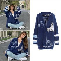 Buy the long bear snowflake pattern sweater in the blue V-colled cashmere knitted sweater