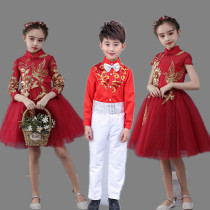 Childrens recitation puffy gauze fairy dress primary and secondary school students choir dress small host dress red long sleeve princess dress