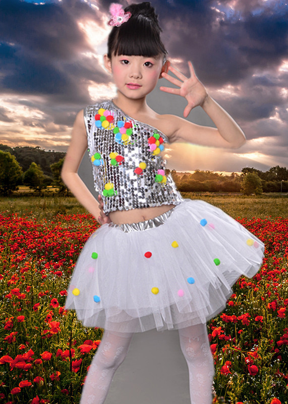六一新款儿童演出服装爵士舞套装女童现代舞表演服亮片公主蓬蓬裙