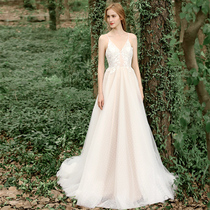 2021 new Korean simple white lace strap tail bride light wedding dress custom slim high waist welcome yarn