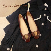 (sheii Su Yinyin) two kinds of heel height ~ leather square head gold buckle shallow horseshoe heel single shoe female commute