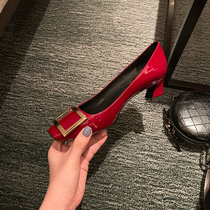 (sheii Su Yinyin) 4 5cm horseshoe heel~new leather shallow square head thick heel square buckle shoes womens shoes