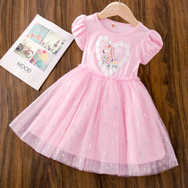  Girls Dress 2021 Summer Cotton 61 Childrens clothing Unicorn Birthday Princess dress Bubble sleeve Starry Sky Childrens skirt