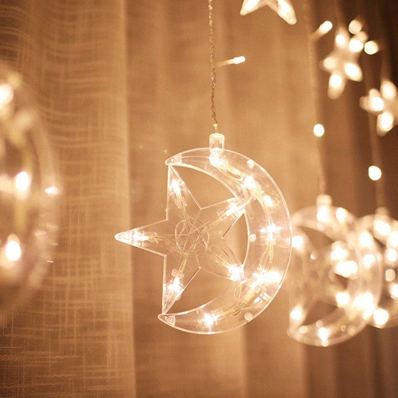 led星星灯星月彩灯闪灯灯串满天星五角星月亮窗帘节日装饰冰条灯