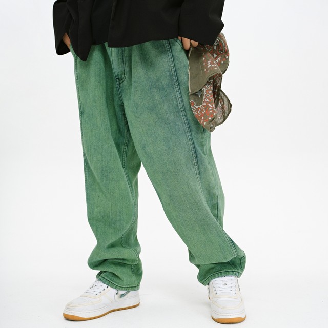 Evilklight national trend green wash fried hip hop loose casual heavyweight straight pants EK jeans men Evilklight national trend green wash fried hip hop loose casual heavyweight straight pants EK jeans men