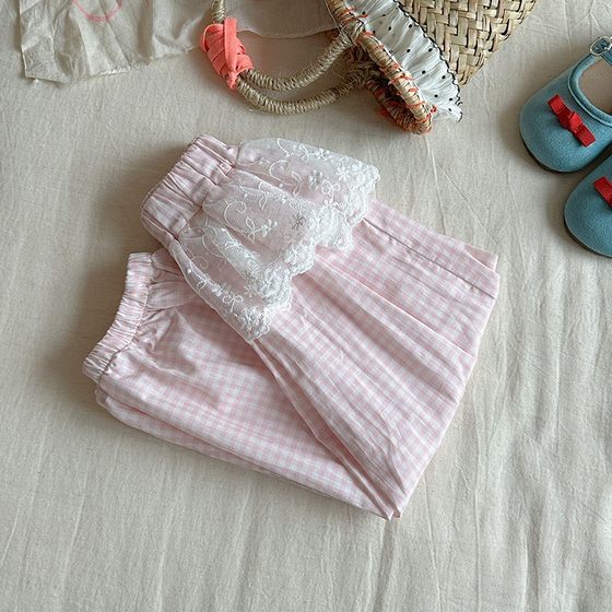 Class A pure cotton girls mosquito-repellent pants summer pants fashionable children's thin casual pants plaid lace girls trousers Class A pure cotton girls mosquito-repellent pants summer pants fashionable children's thin casual pants plaid lace girls trousers