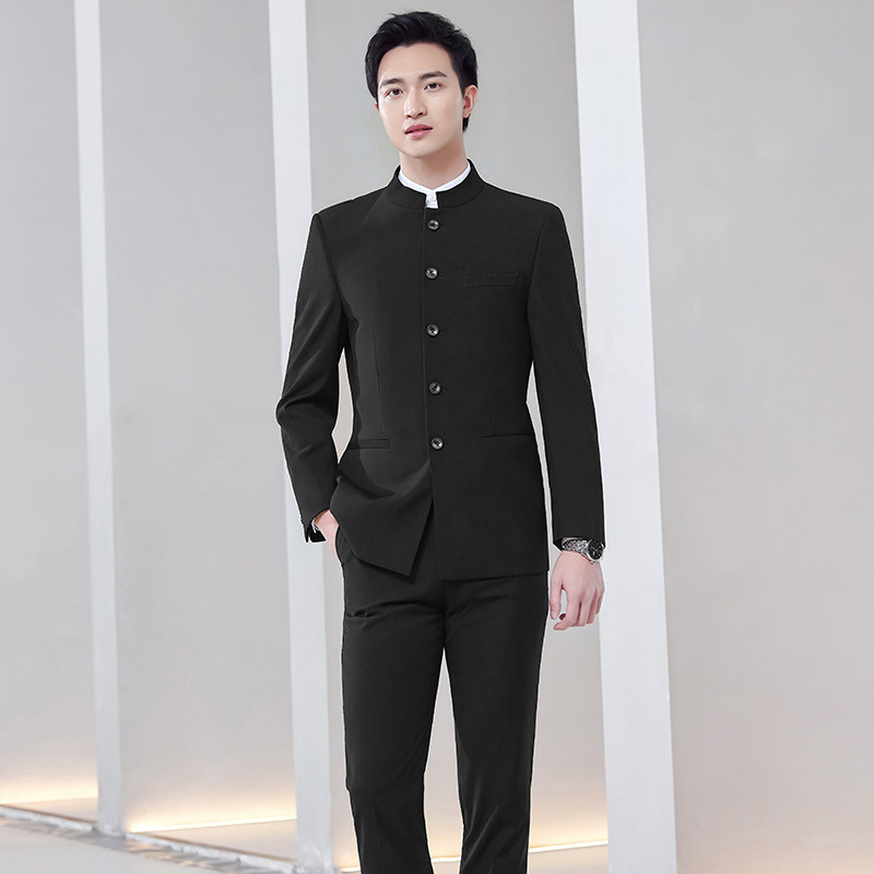 中山装男青年西服套装高端男士合唱演出服新式改良中华立领男装
