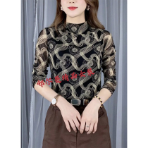 Douyin Orman boutique womens 2021 autumn mesh irregular printing semi-high collar long sleeve elastic base shirt