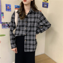 2021 Spring and Autumn New Joker students retro Hong Kong flavor Plaid lazy loose woolen shirt coat womens coat
