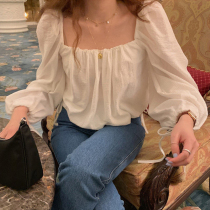 Korean age-reducing clavicle square collar drawstring lace lantern sleeve shirt women 2021 spring and autumn design sense niche blouse