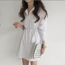 2022 new Korean version brief Loose Long Sleeve Pure Color Medium Long shirt with dress Dress Woman Design Sensation Niche