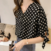 2021 summer new Korean version of large size retro temperament polo print chiffon shirt blouse short sleeve top loose