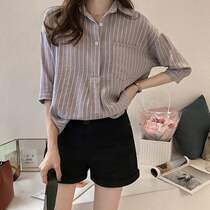 Striped shirt Womens 2021 summer new Korean version of loose thin seven-point sleeve jacket heart design sense