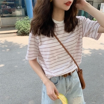 2021 summer new Korean student pinstripe retro simple versatile loose short-sleeved T-shirt blouse