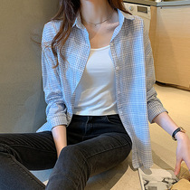 2022 Spring and autumn clothes New Korean version retro port Taste Long Sleeve Small Gge Grain Plaid Shirt Thin jacket Two sets of women