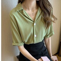Shirt female size fat MM V neck short sleeve top 2021 summer new Korean version Joker Hong Kong style chiffon shirt