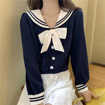 2022 Spring Dress New Academy Wind Navy Collar Butterfly Knot Long Sleeve Shirt Female Short blouse design feeling small crowd